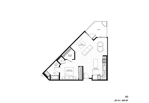 Floor plan for 1 bed, 1 bath, 695 sqft